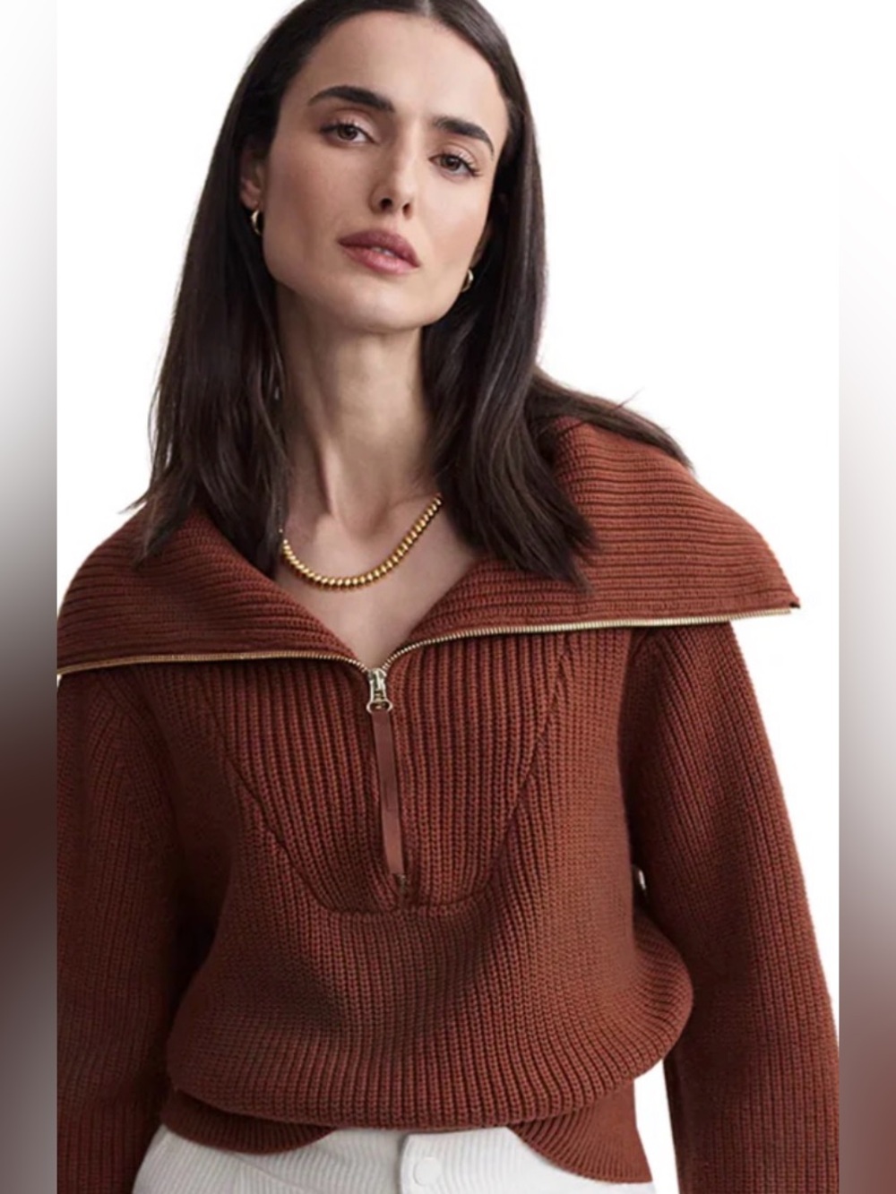 Varley Mentone Cotton Women’s Zip-Front Ribbed Sweater Brown Large NWOT